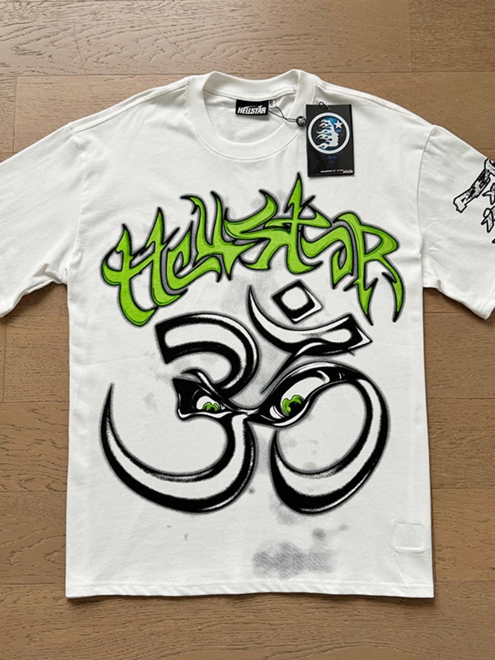 Hellstar White Art Print T-Shirt with Neon Green Accents